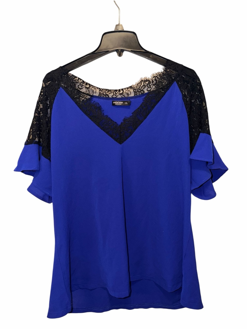 SHEIN Royal Blue Lace-Trim V-Neck Blouse